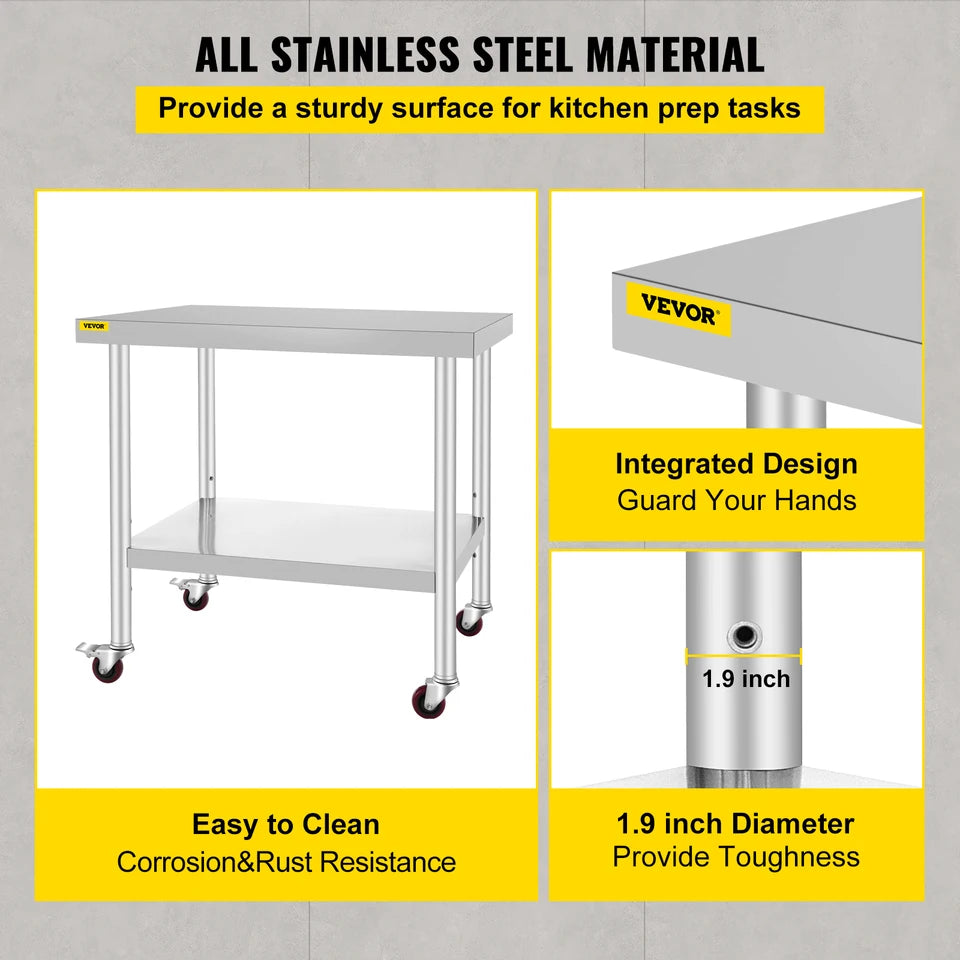 Stainless Steel Kitchen Prep Table with Wheels and Backsplash