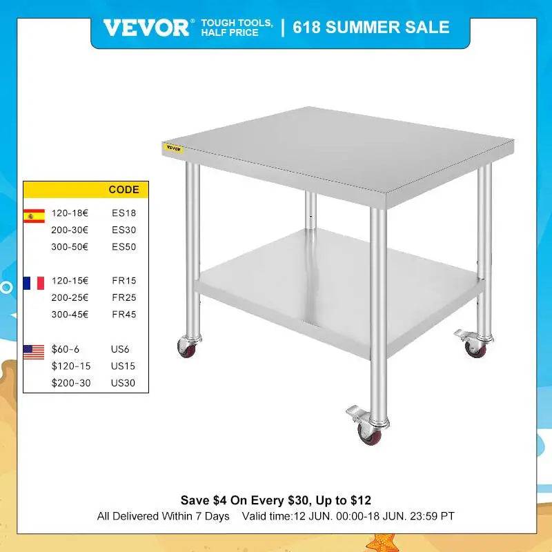 Stainless Steel Kitchen Prep Table with Wheels and Backsplash