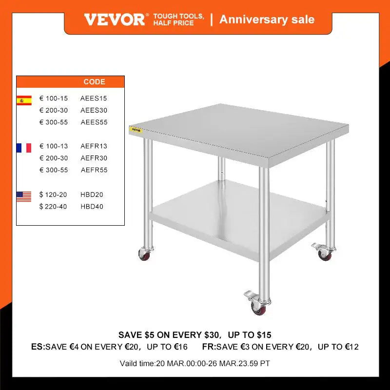 Stainless Steel Kitchen Prep Table with Wheels and Backsplash