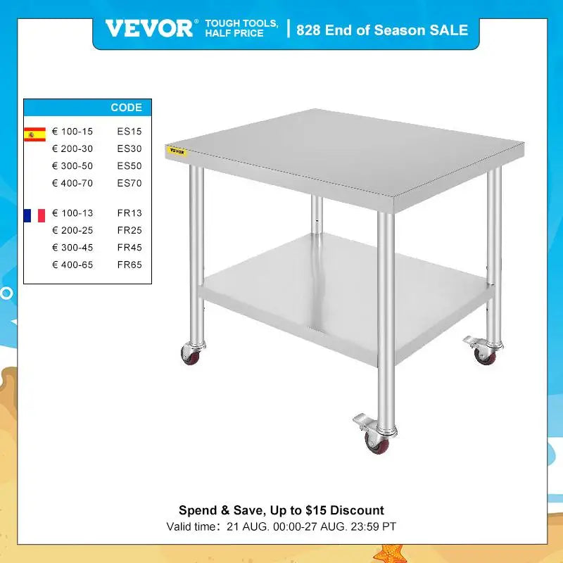 Stainless Steel Kitchen Prep Table with Wheels and Backsplash