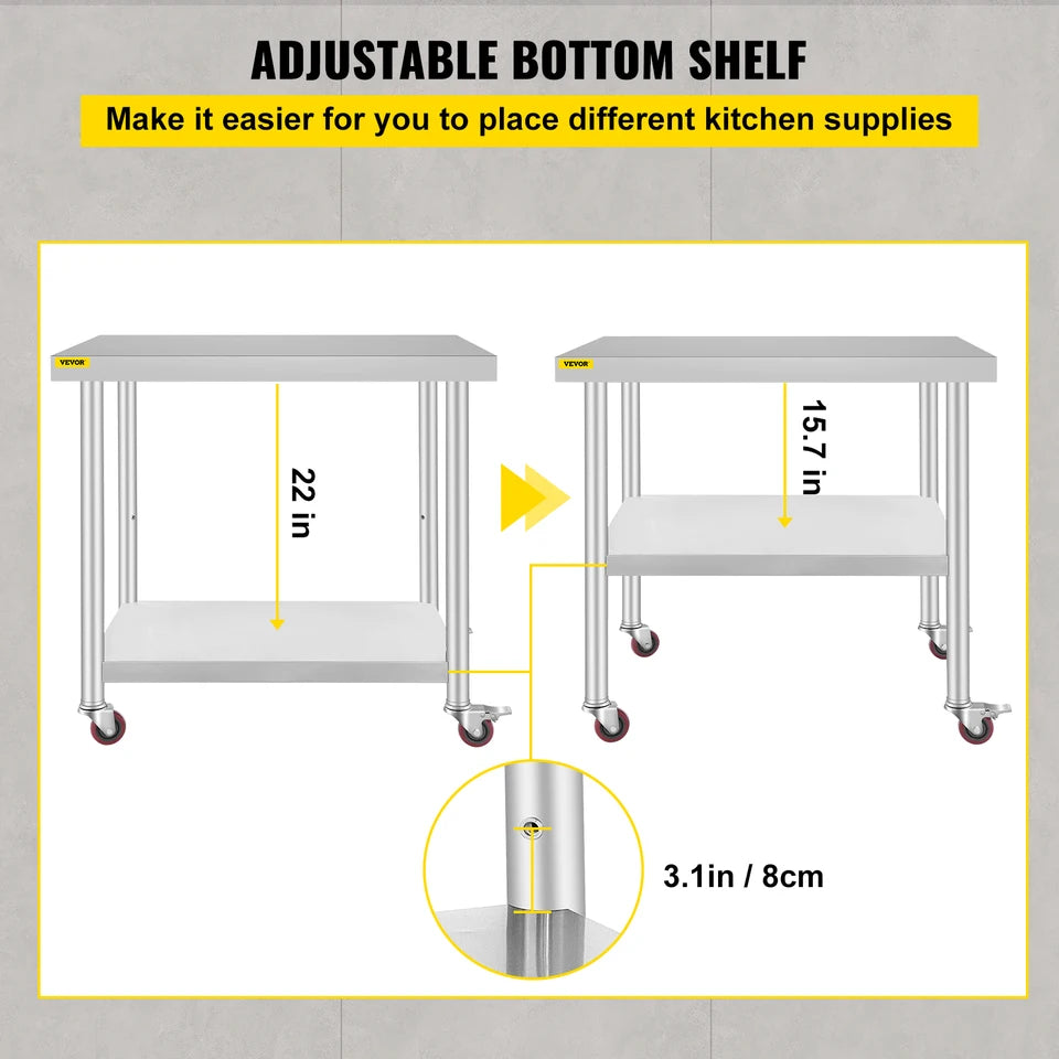 Stainless Steel Kitchen Prep Table with Wheels and Backsplash