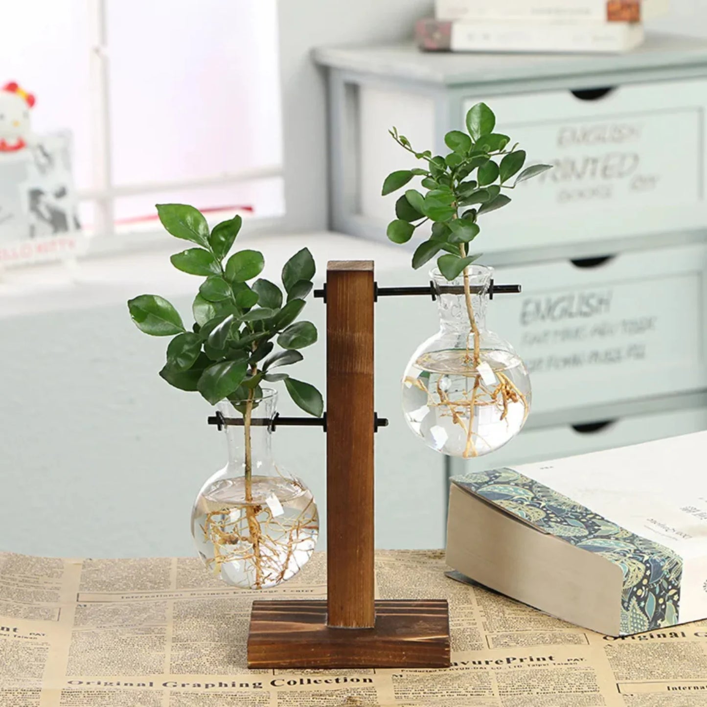 Vintage Wooden Frame Terrarium Glass Flower Pot