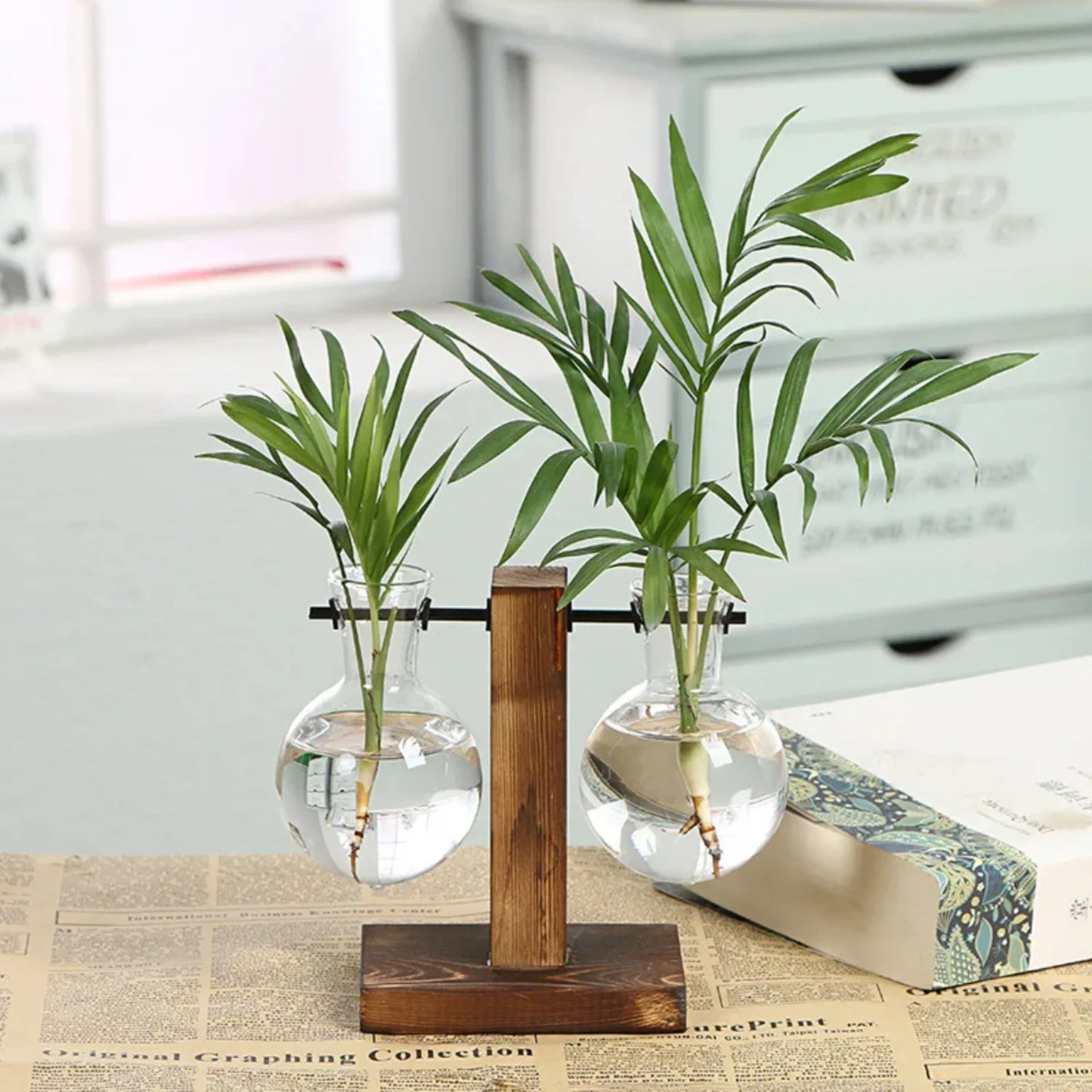 Vintage Wooden Frame Terrarium Glass Flower Pot