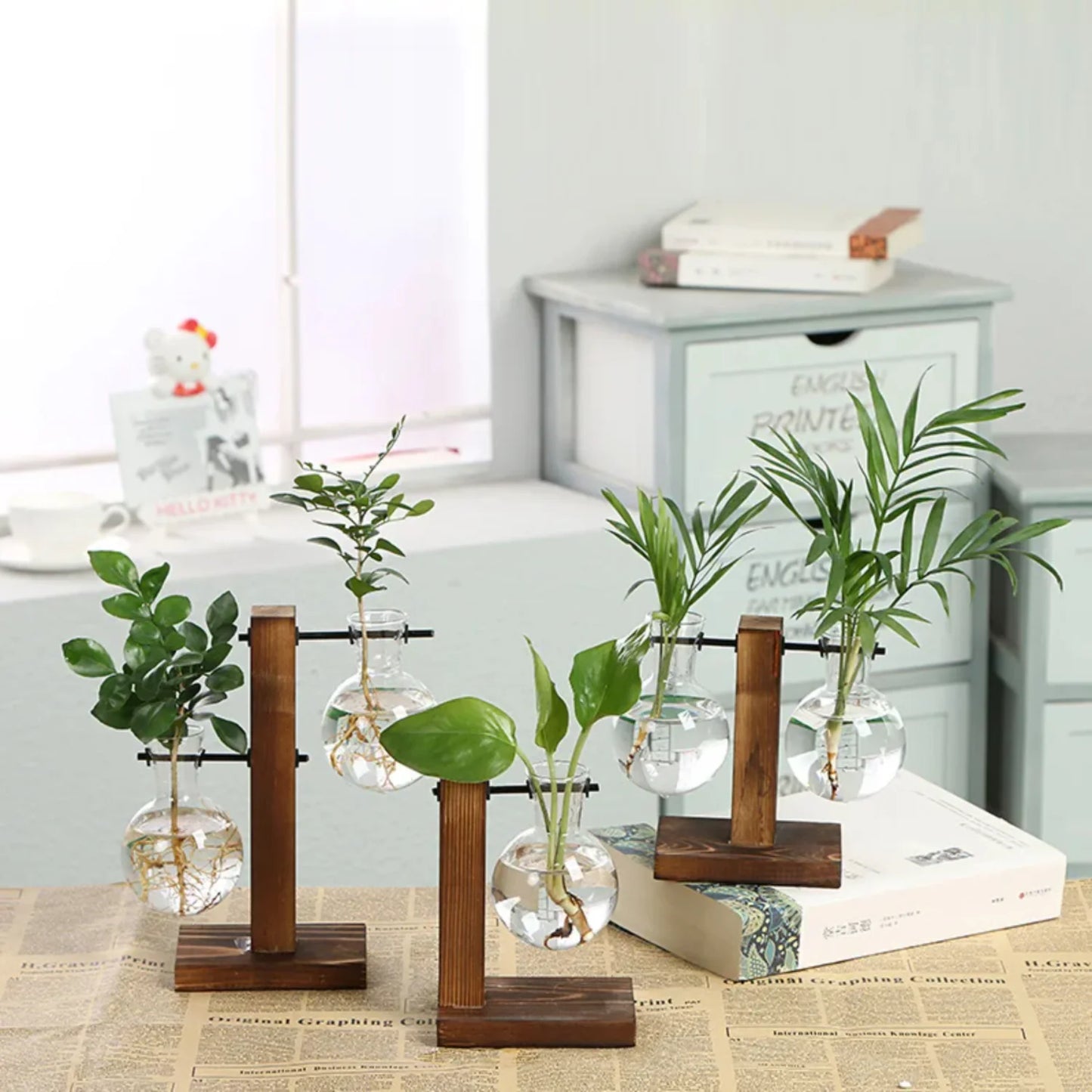 Vintage Wooden Frame Terrarium Glass Flower Pot