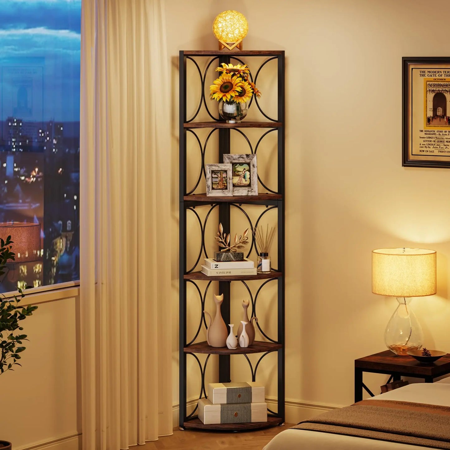 67 Inch Tall Rustic Corner Shelf Bookcase Unit