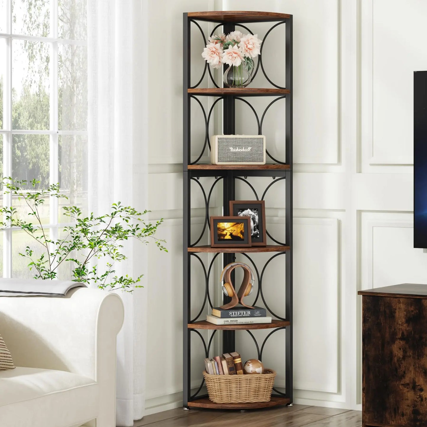 67 Inch Tall Rustic Corner Shelf Bookcase Unit