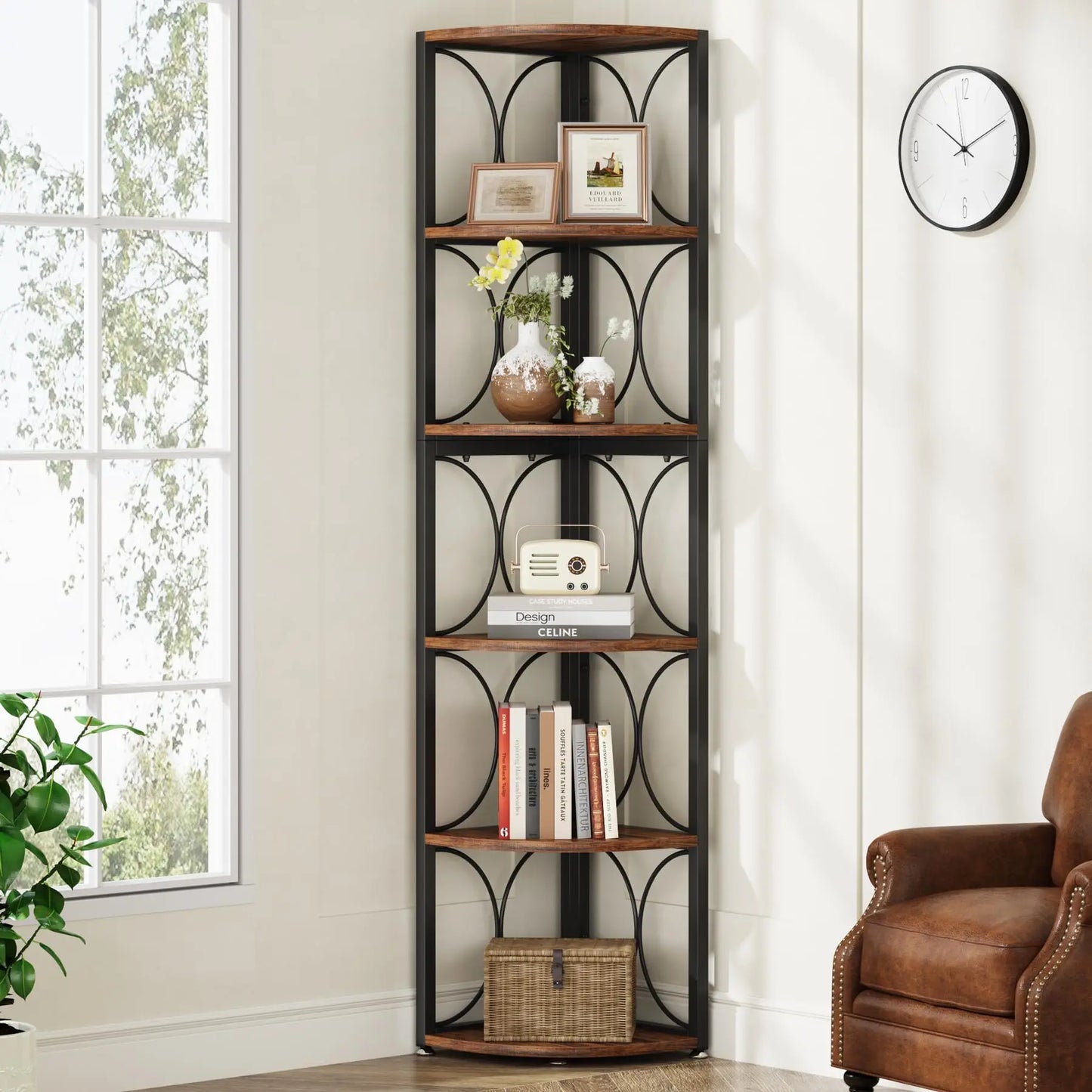67 Inch Tall Rustic Corner Shelf Bookcase Unit