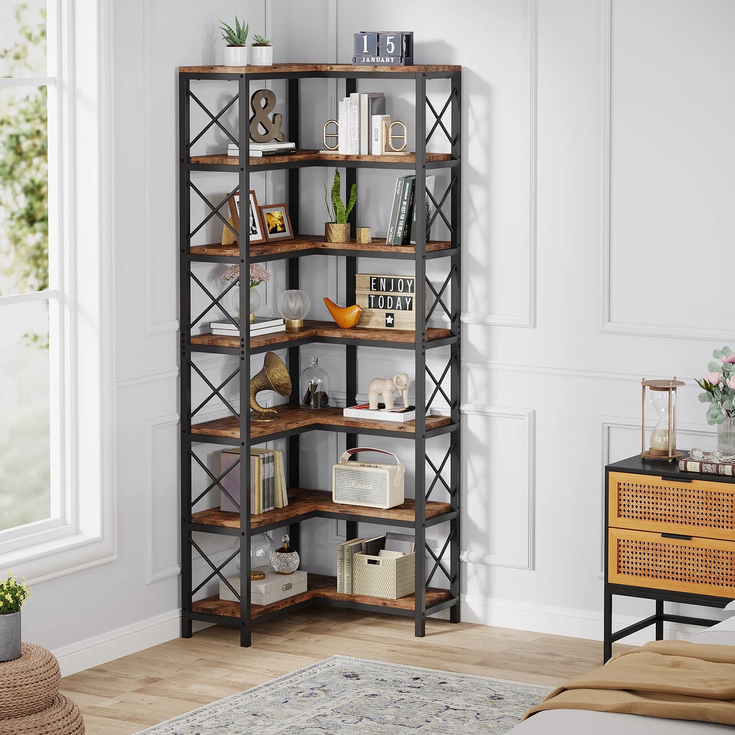 Large Modern 7 Shelf Corner Bookshelf with Metal Frame