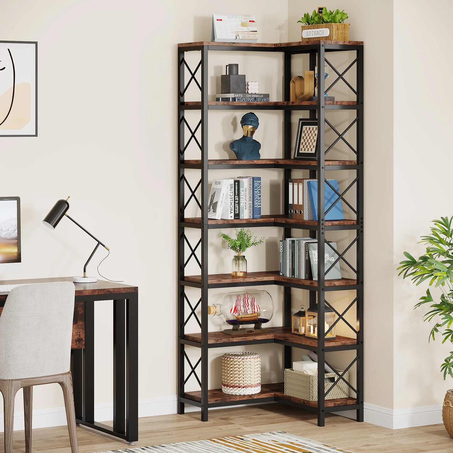 Large Modern 7 Shelf Corner Bookshelf with Metal Frame