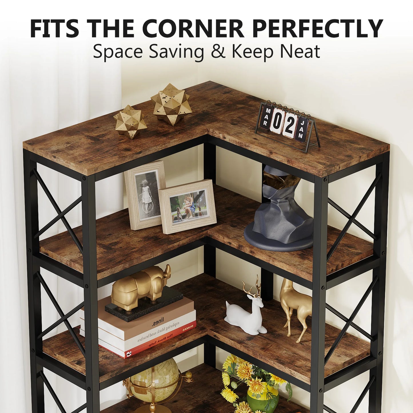 Large Modern 7 Shelf Corner Bookshelf with Metal Frame