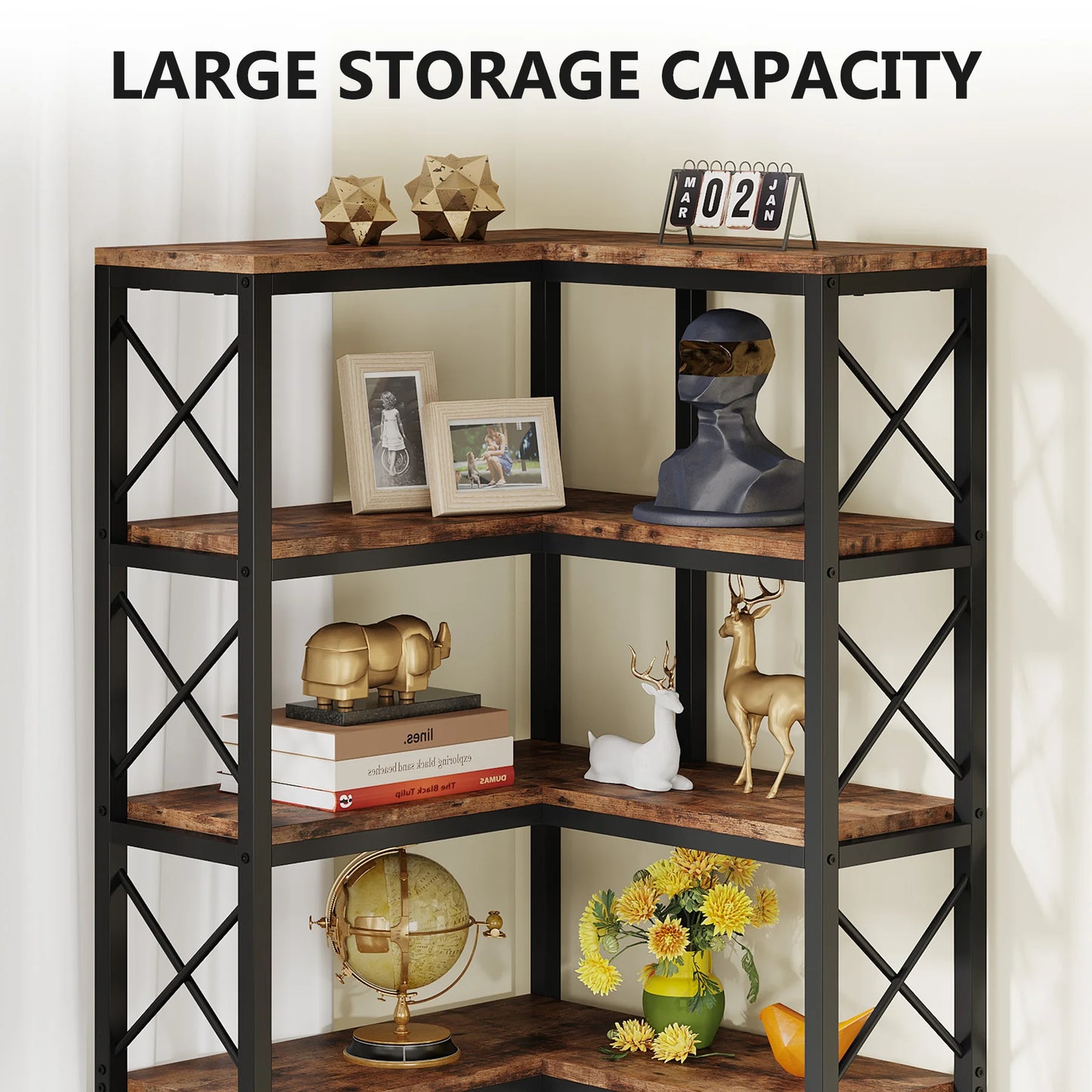 Large Modern 7 Shelf Corner Bookshelf with Metal Frame