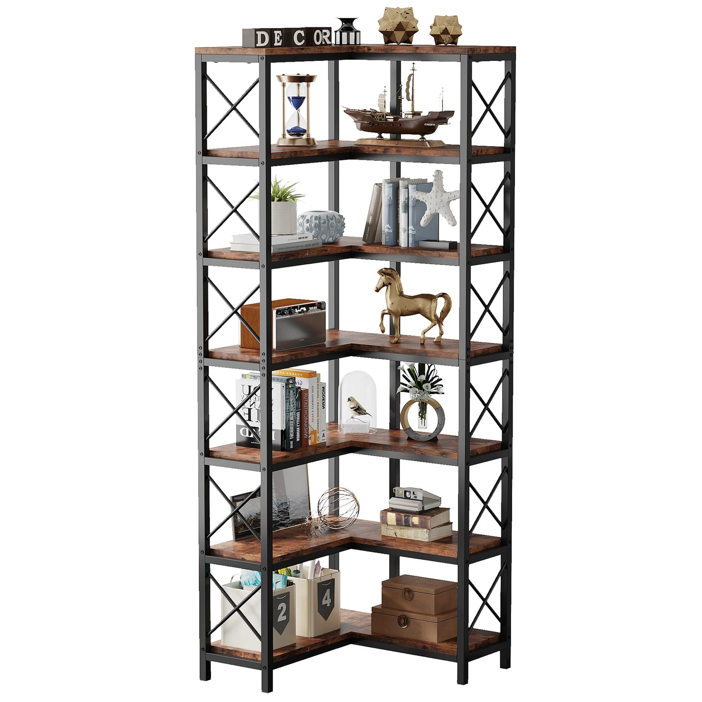 Large Modern 7 Shelf Corner Bookshelf with Metal Frame