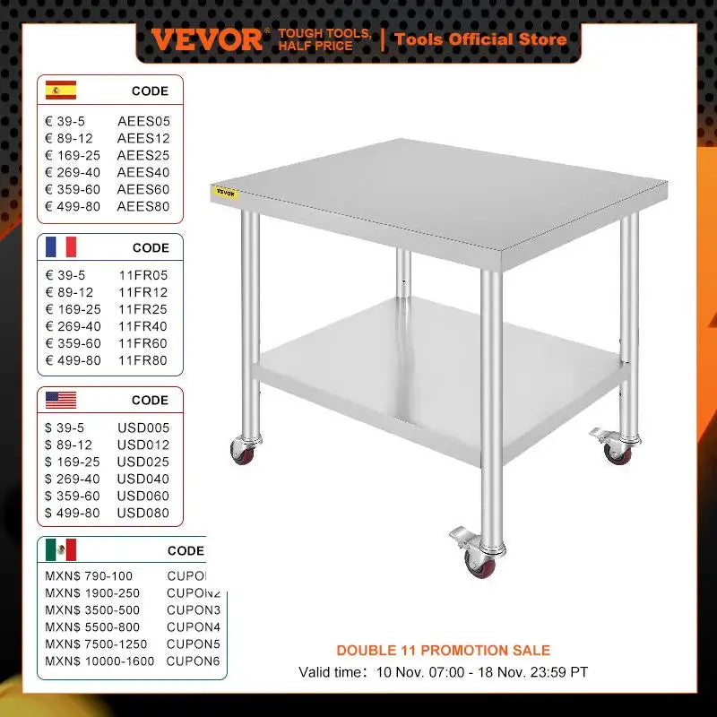 Stainless Steel Kitchen Prep Table with Wheels and Backsplash