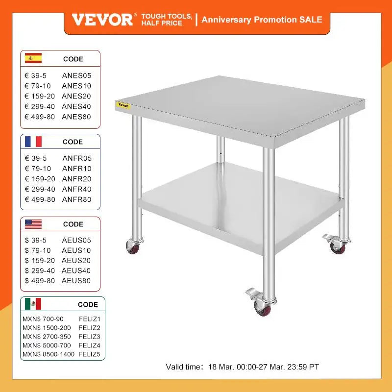 Stainless Steel Kitchen Prep Table with Wheels and Backsplash