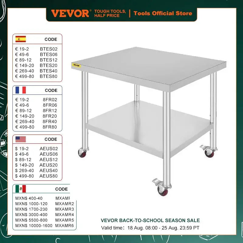 Stainless Steel Kitchen Prep Table with Wheels and Backsplash