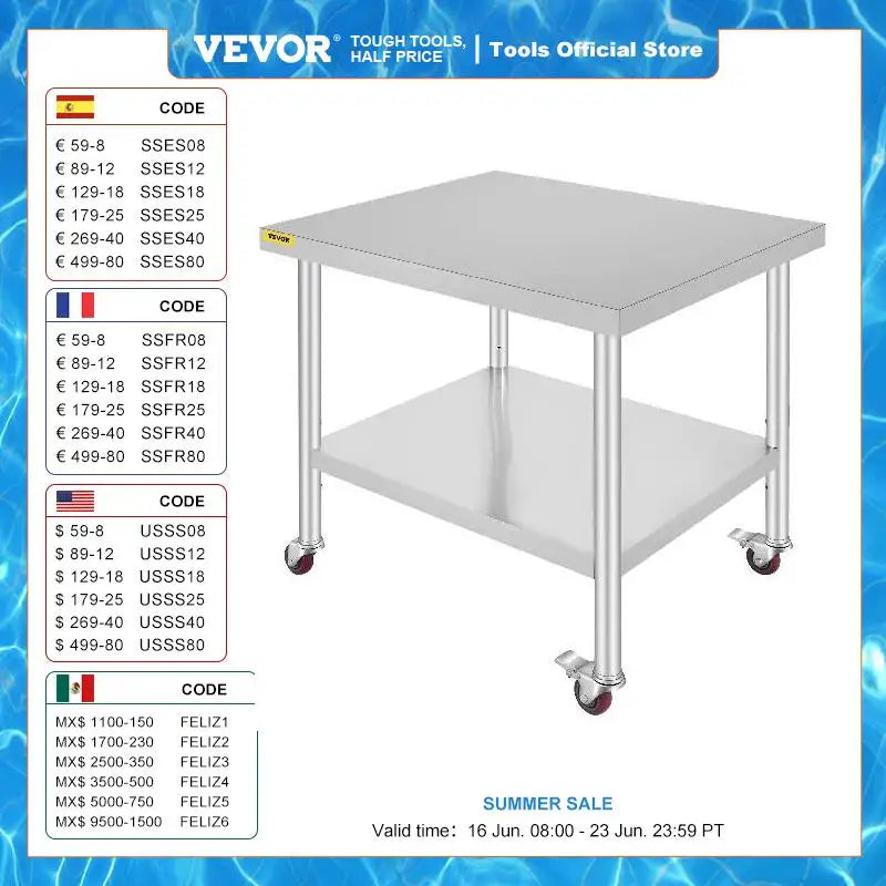 Stainless Steel Kitchen Prep Table with Wheels and Backsplash