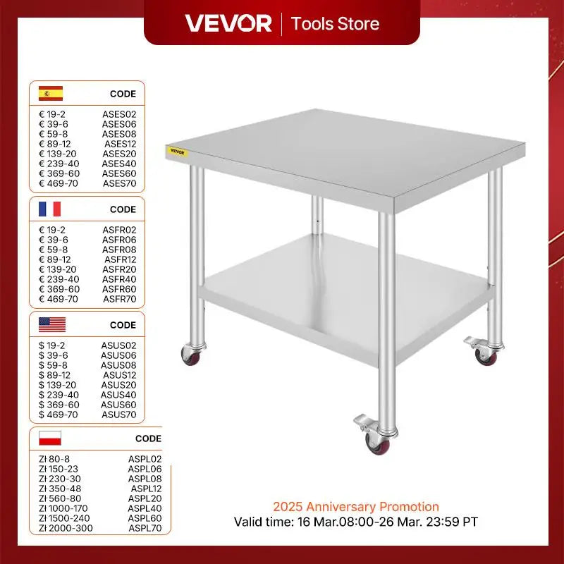 Stainless Steel Kitchen Prep Table with Wheels and Backsplash