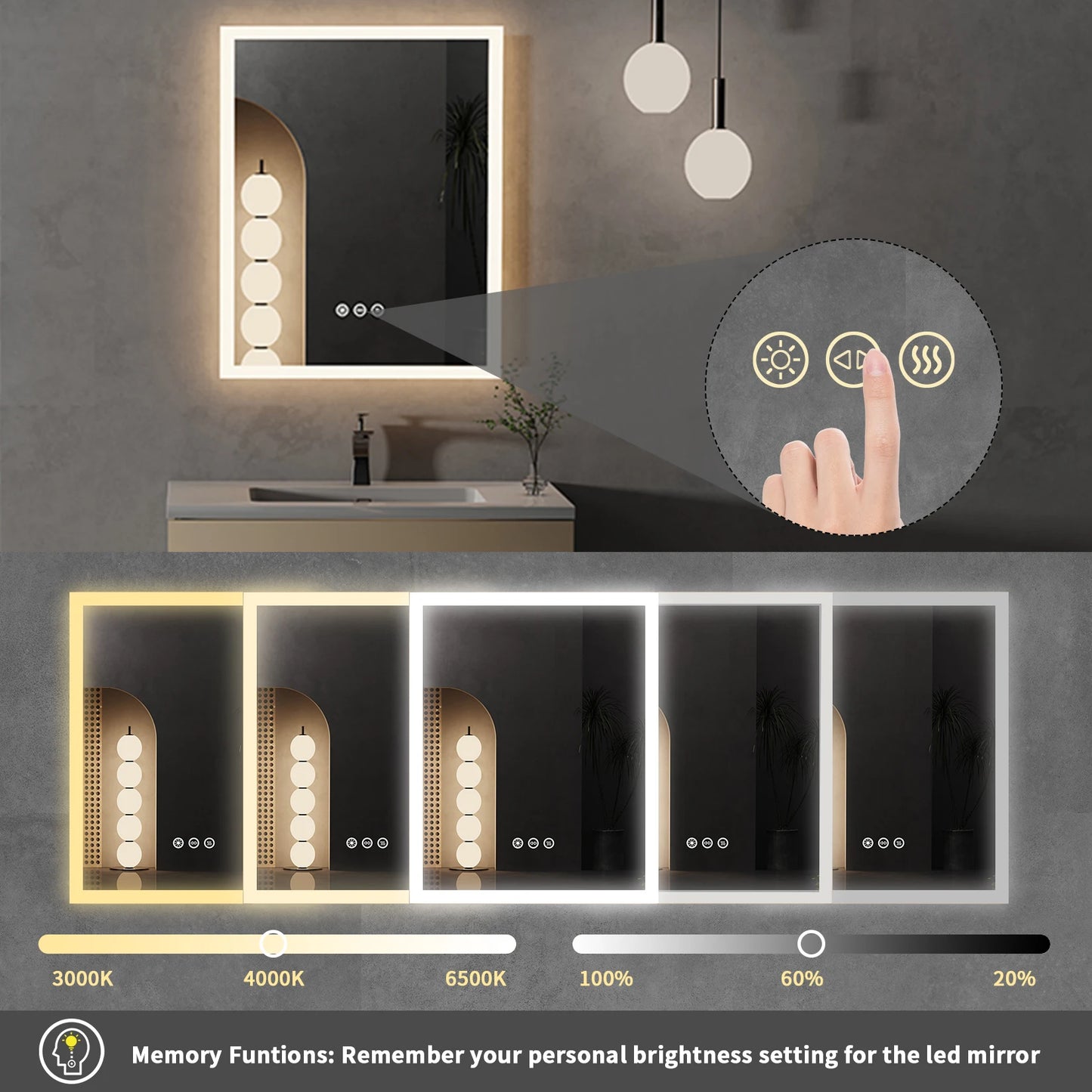 LED Bathroom Mirror with Touch Controls and Antifog