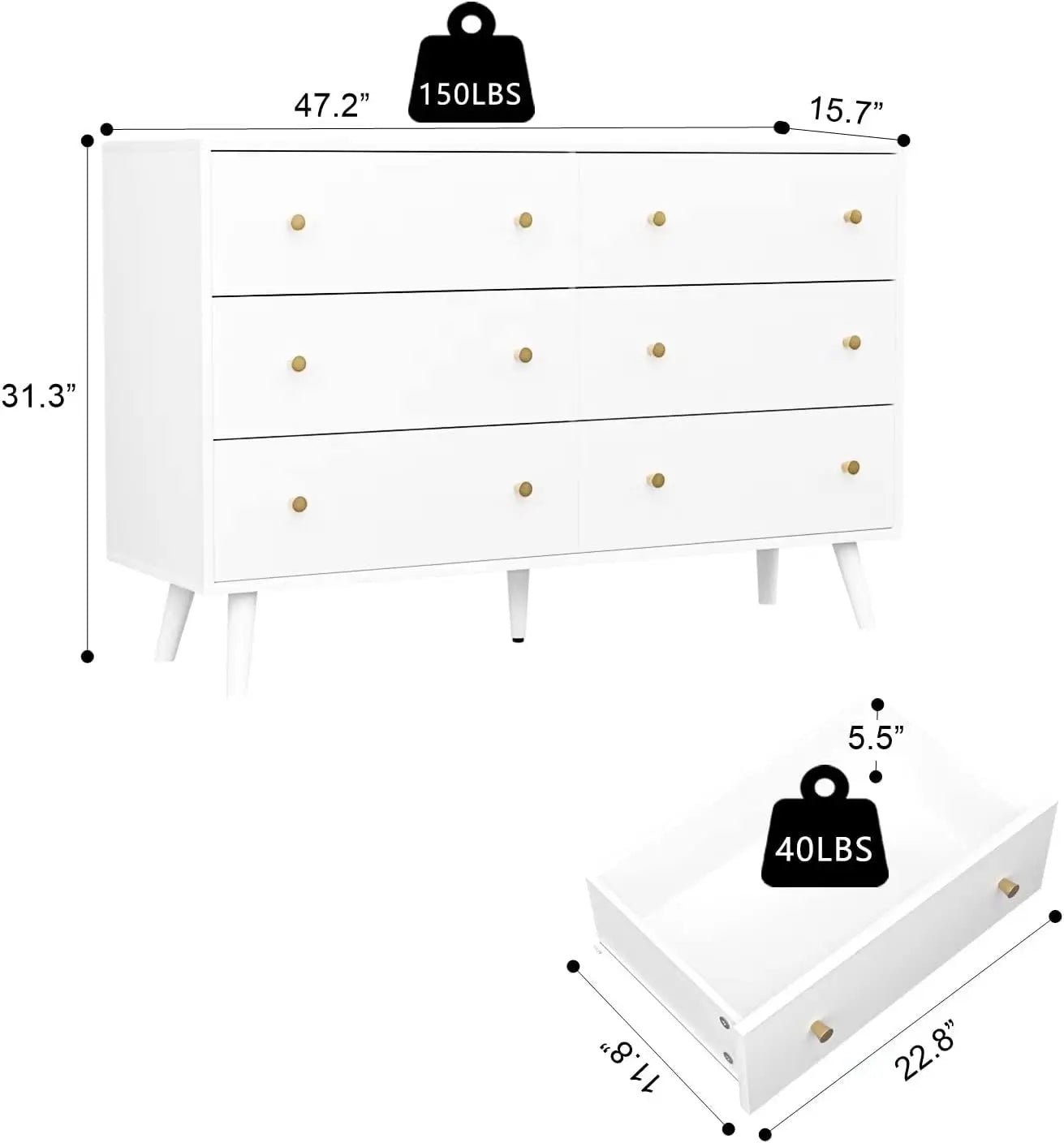 Elegant White Dresser with 6 Spacious Drawers