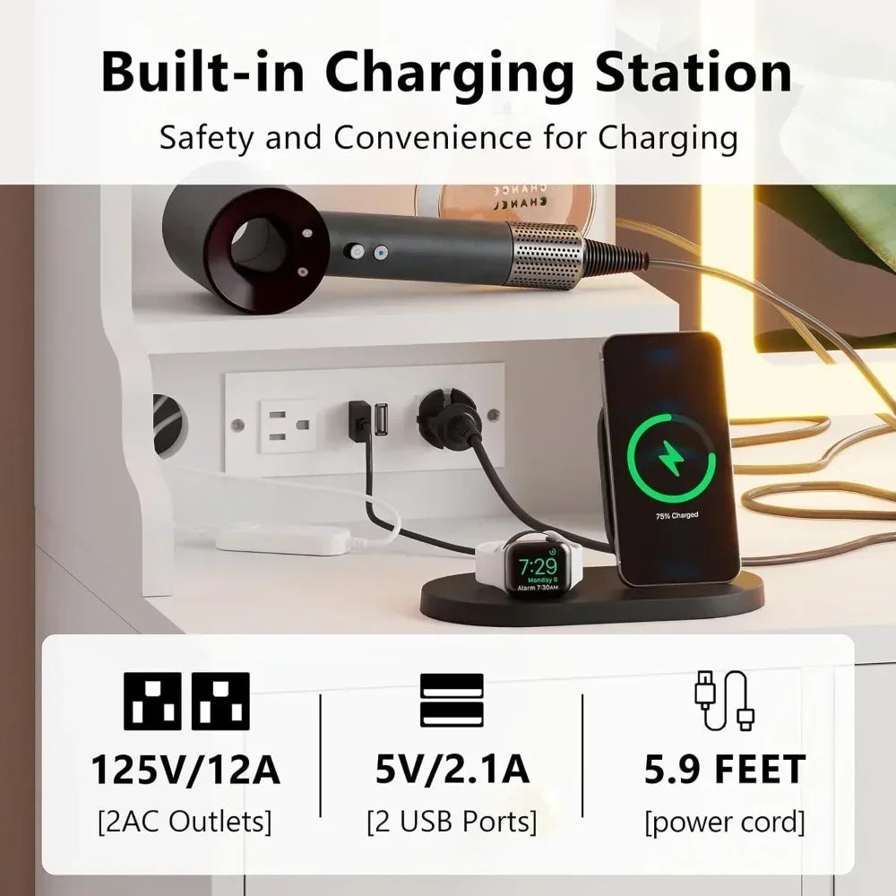 Elegant White Vanity Desk with RGB Lighting and Mirror