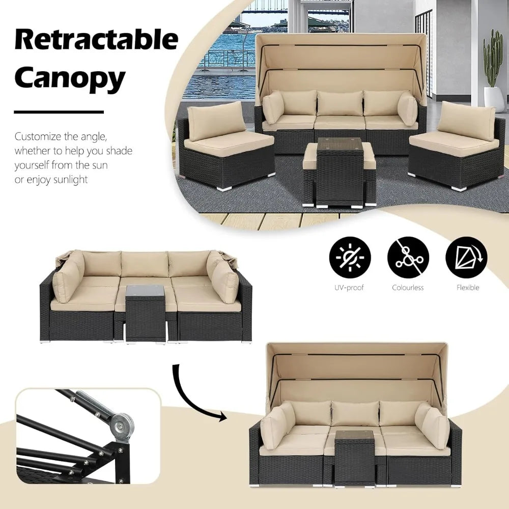 7 Piece Rattan Outdoor Daybed with Adjustable Canopy