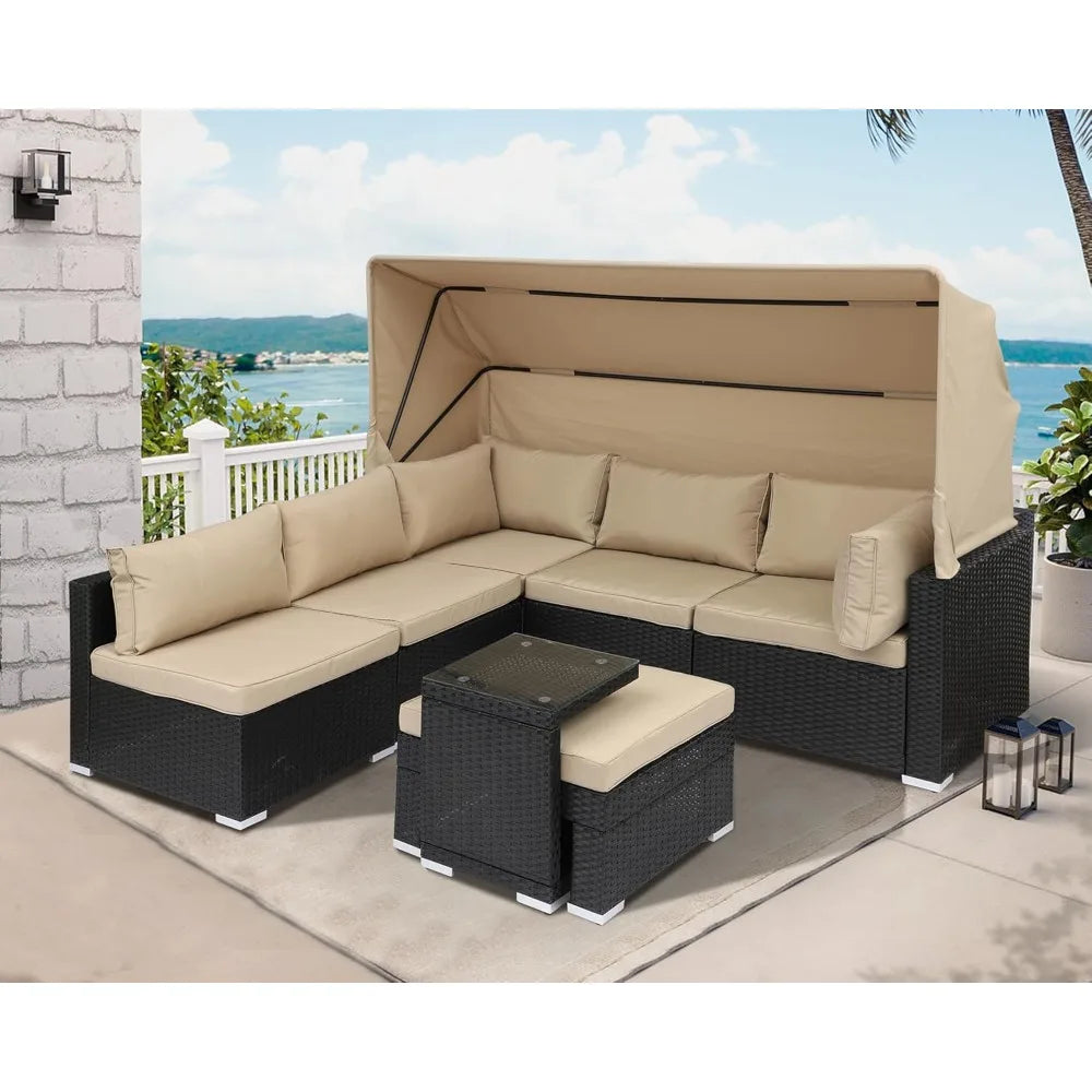 7 Piece Rattan Outdoor Daybed with Adjustable Canopy